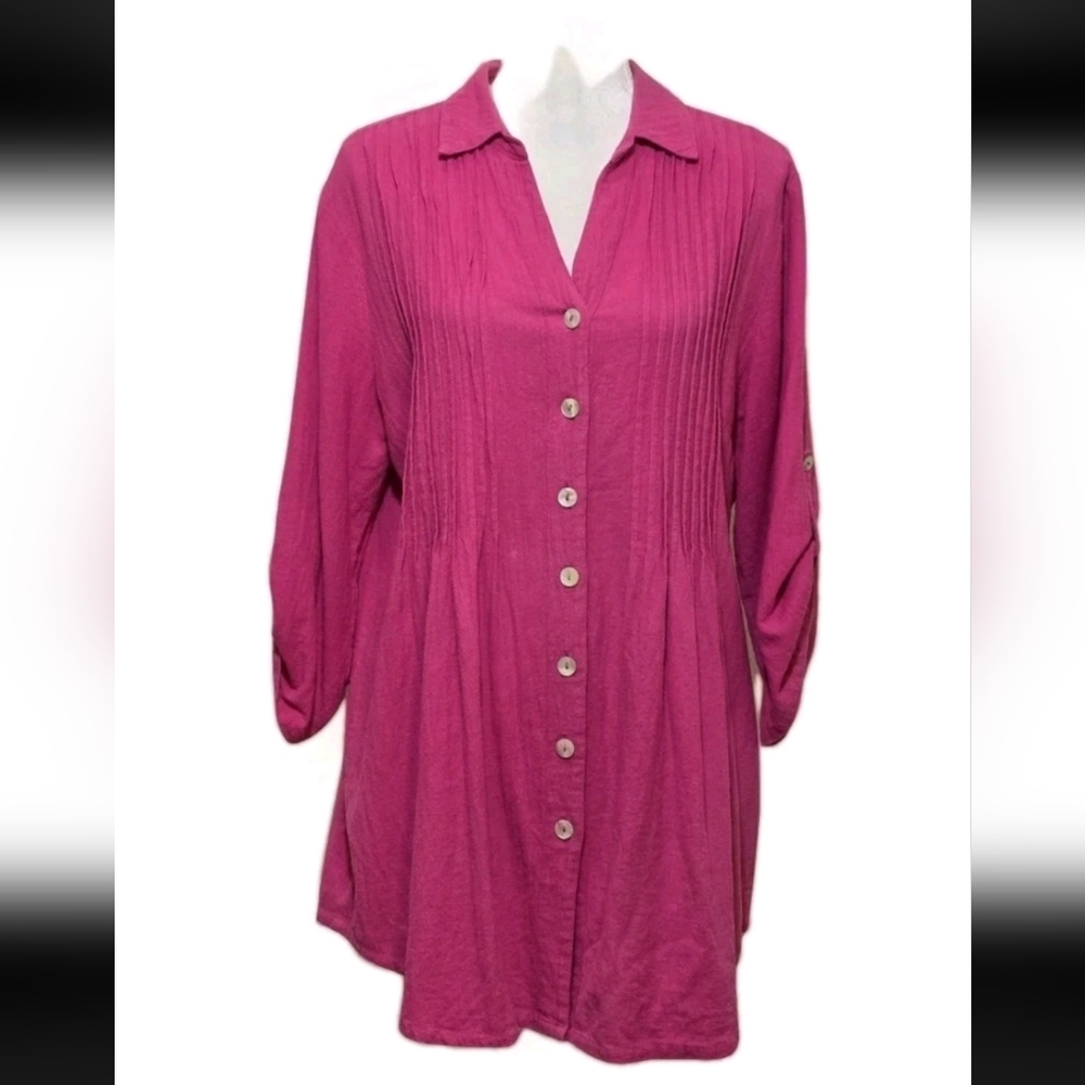 Soft Surroundings Pintuck Collared Button Front  100% Cotton  Tunic Top  Pink S